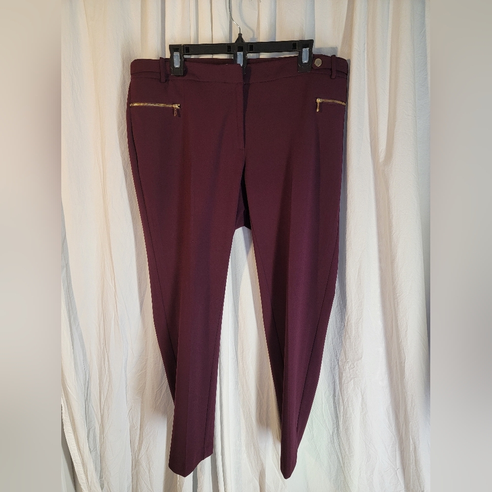 Calvin Klein Dark Berry Trousers - Gold Zipper Pockets & Gold Waist Tab Accents